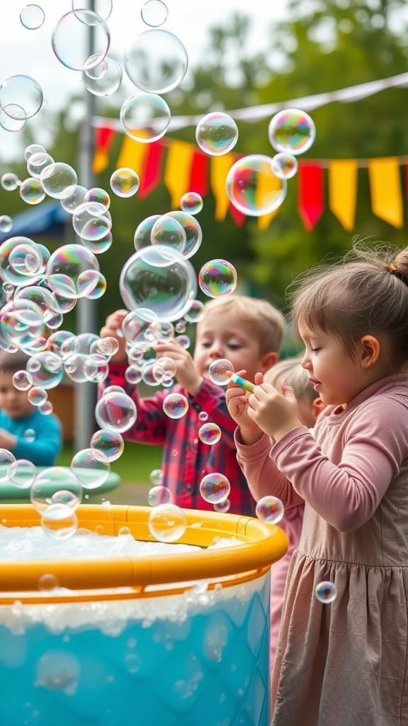 Children playing with bubbles at a bubble station