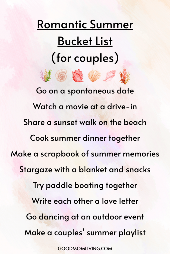 A decorative list titled "Romantic Summer Bucket List (for couples)" featuring items such as going on a spontaneous date, watching a movie at a drive-in, sharing a sunset walk on the beach, cooking summer dinner together, making a scrapbook of summer memories, stargazing with a blanket and snacks, trying paddle boating, writing love letters, dancing at an outdoor event, and creating a couples’ summer playlist. The background is light pink with seashell and seaweed illustrations.