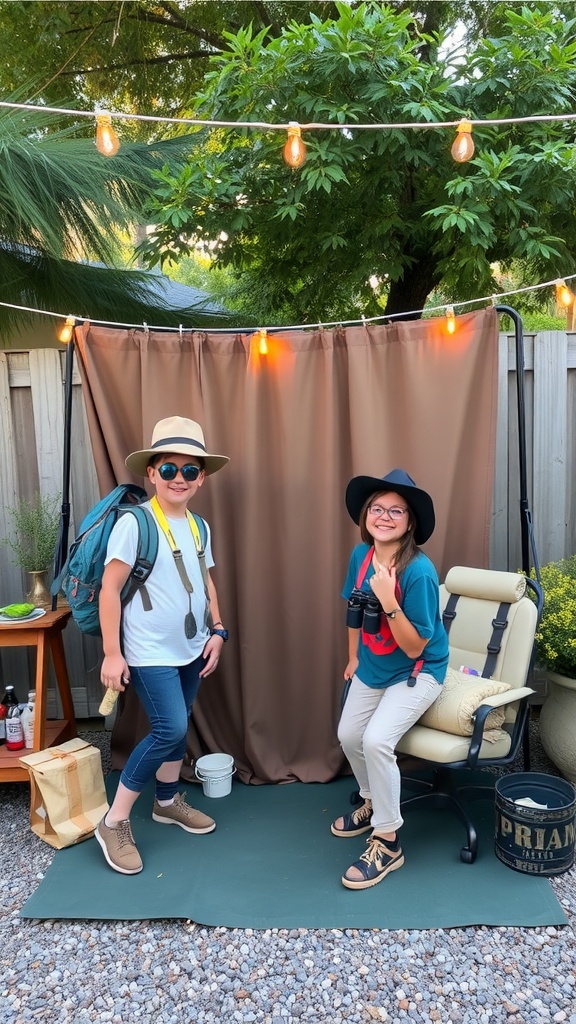 Two people dressed in explorer outfits, one standing and one sitting on a rolling chair, pose in a garden setting with fairy lights above, a brown curtain backdrop, and a lush green tree in the background. Both hold binoculars, and there are camping-related props around them.