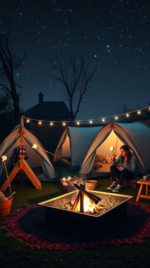 Backyard camping scene with tents, a fire pit, and a person roasting marshmallows under a starry sky.