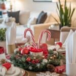 A festive dining table set for Christmas with a centerpiece featuring candy canes, red and gold ornaments, and a wreath of greenery. The table is elegantly arranged with plates, napkins, and gold cutlery. In the background, there is a living area with a sofa, plants, and a framed picture on the wall.