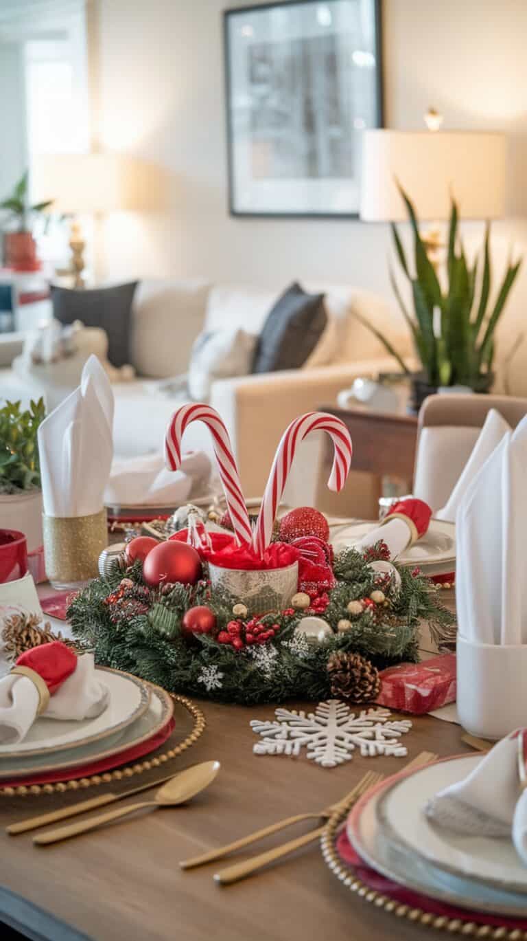 A festive dining table set for Christmas with a centerpiece featuring candy canes, red and gold ornaments, and a wreath of greenery. The table is elegantly arranged with plates, napkins, and gold cutlery. In the background, there is a living area with a sofa, plants, and a framed picture on the wall.