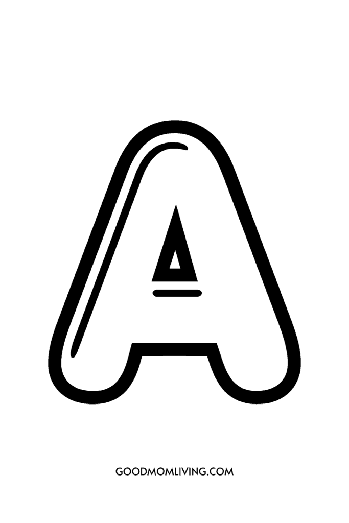 A stylized letter 'A' with a thick, curved outline encircling a smaller letter 'A' inside, and the text 'GOODMOMLIVING.COM' at the bottom.
