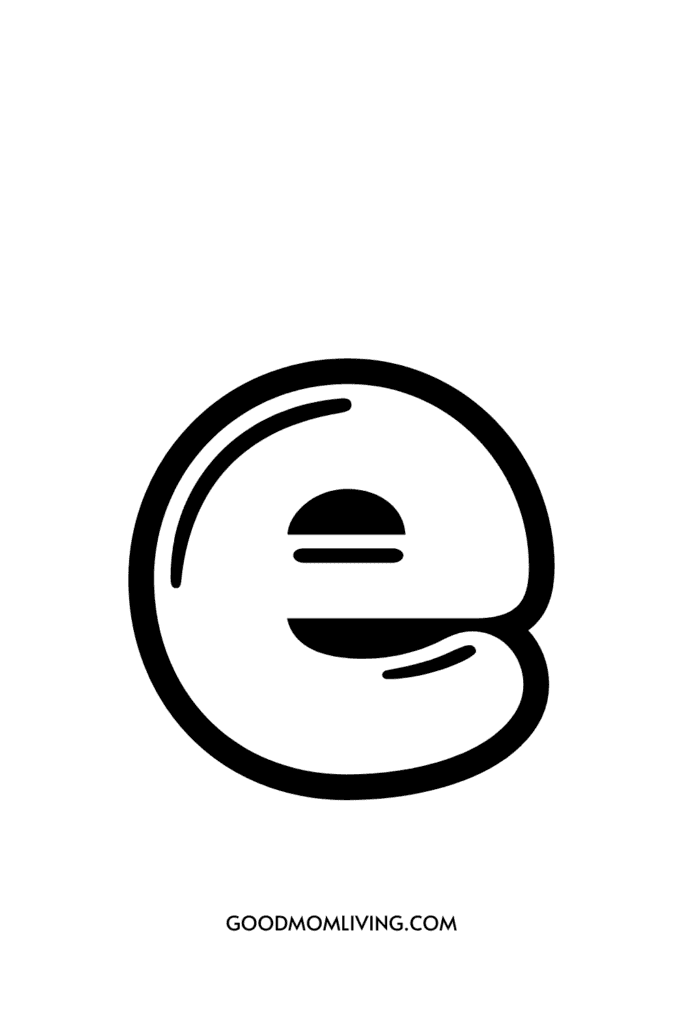 A stylized black and white 'e' symbol resembling a face, with a minimalist design including a dot for an eye and a curved line for a smile, above the text 'GOODMOMLIVING.COM' on a plain white background.