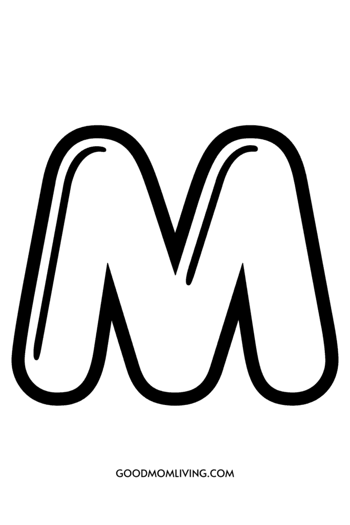 A stylized black and white letter 'M' with a bold outline, above the text 'GOODMOMLIVING.COM' in small capital letters at the bottom center.