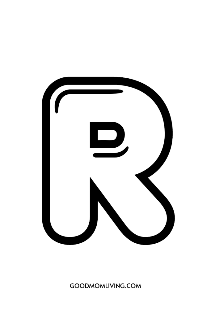 A stylized letter 'R' encased within an outline resembling a bubble, with the text 'GOODMOMLIVING.COM' underneath.