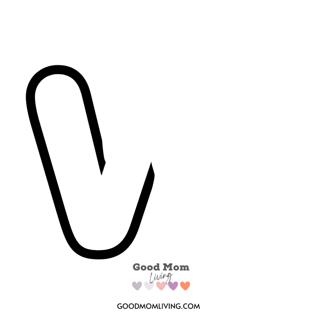 Stylized black abstract shape on a white background with "Good Mom Living" text and colorful heart icons below.