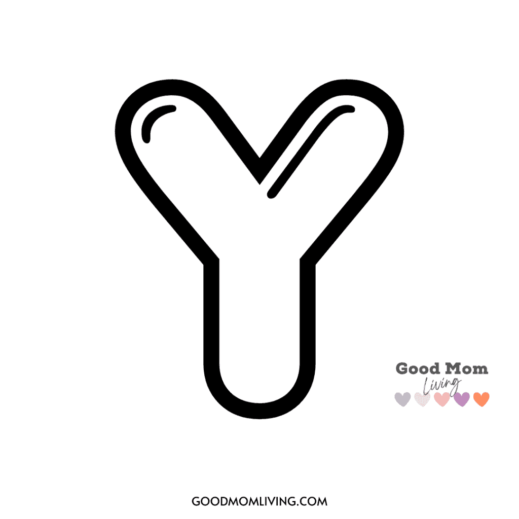 A cartoon-style outline of the letter 'Y' with two hearts at the top and the phrase 'Good Mom Living' with hearts underneath in the corner.