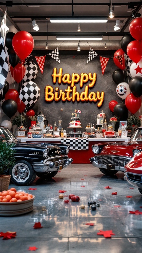 A vibrant birthday decoration featuring classic cars, balloons, and a 'Happy Birthday' sign