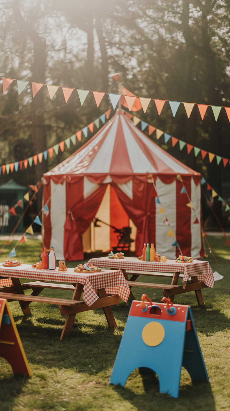 A red and white circus tent is set up outdoors, surrounded by colorful triangular pennant banners. In the foreground, picnic tables with red and white checkered tablecloths are decorated with food items and condiment bottles. A blue and red wooden toy stands on the grass near the tables.