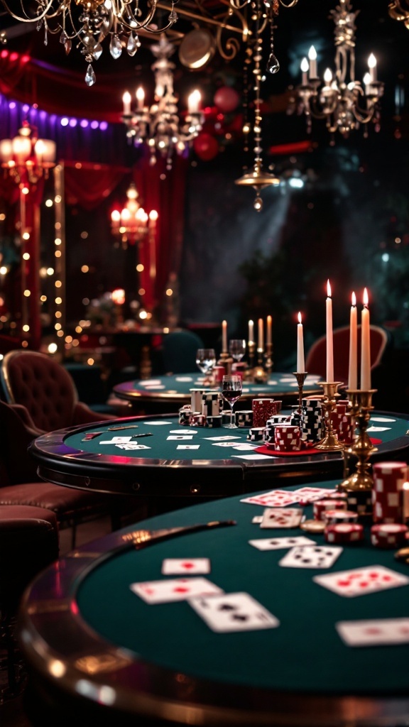 A lavish casino-themed party setup with card tables, chips, and candles.