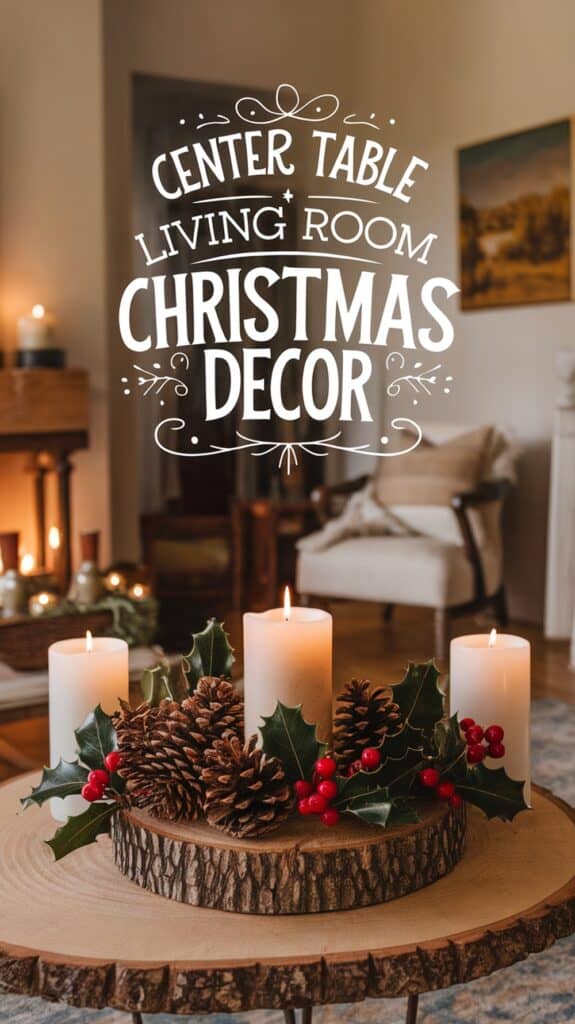 A holiday living room scene with a wooden center table decorated for Christmas, featuring white candles, pinecones, and holly with red berries. Text overlaid reads: "Center Table Living Room Christmas Decor." A cozy armchair and fireplace are visible in the background.