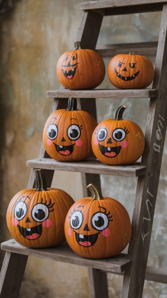 A wooden ladder with six pumpkins painted with cartoonish faces, featuring big eyes and smiles, arranged on its steps.
