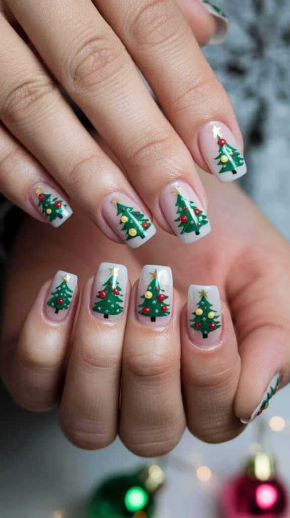 Close-up of hands showcasing festive nail art with Christmas tree designs, featuring green trees, red and yellow ornaments, and a star on top, against a light background.