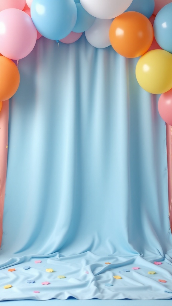 Photo booth area with colorful balloons and a blue backdrop