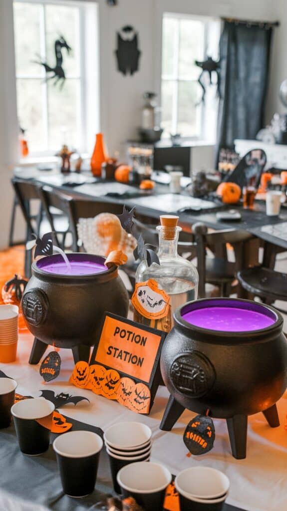 A Halloween-themed table setup with two black cauldrons filled with purple liquid labeled 'Potion Station.' The table is decorated with Halloween motifs like bats and jack-o'-lanterns. In the background, a room decorated with Halloween ornaments can be seen, including black silhouettes of a witch and a bat in the windows.