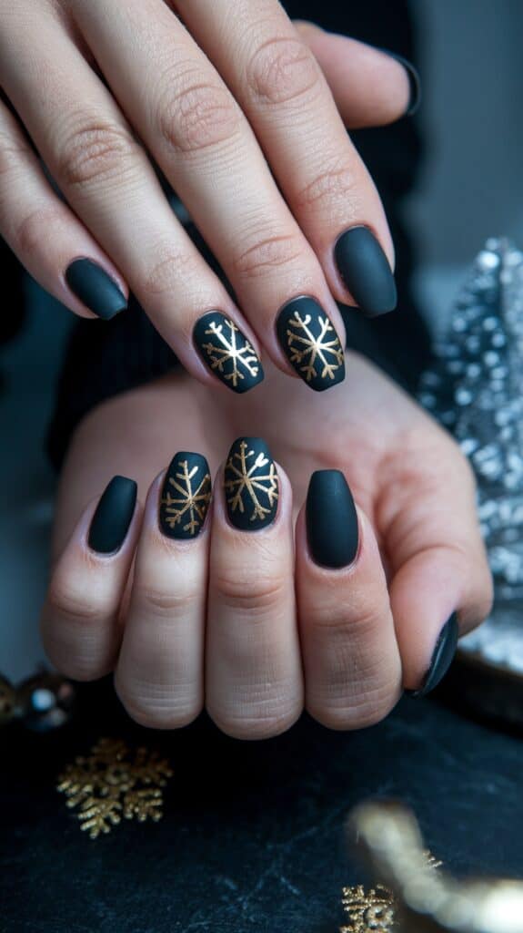 Close-up of hands with matte black nail polish featuring gold snowflake designs on some nails, held over a dark, festive background.