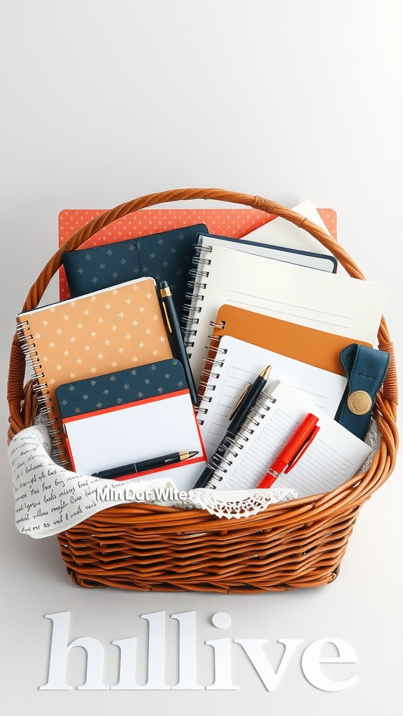 A gift basket filled with stylish office supplies like notebooks and pens.