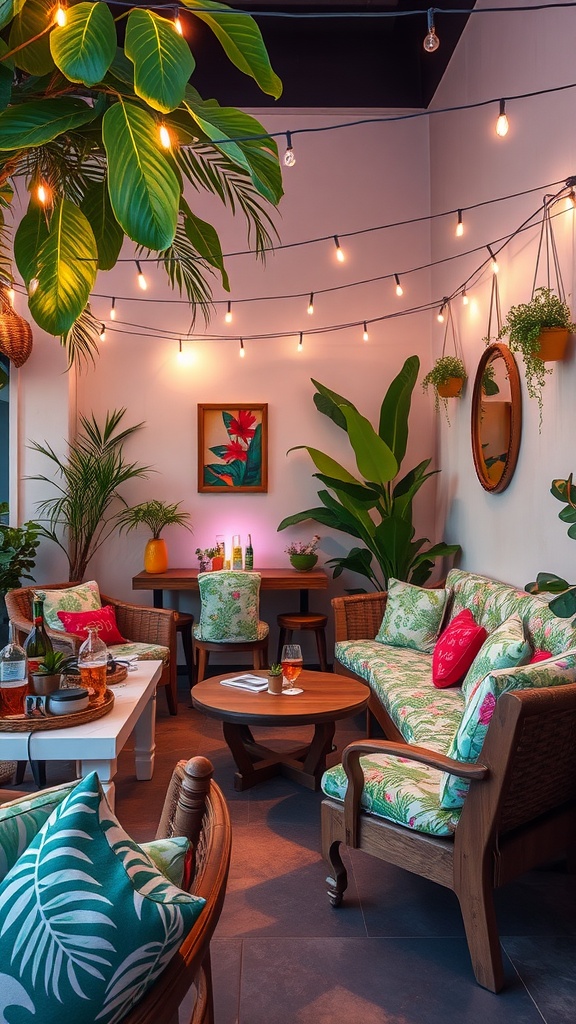 A cozy indoor patio with tropical-themed decor, including patterned cushions on wicker furniture, hanging plants, string lights, and a large mirror on the wall. A small table is set with drinks and snacks.