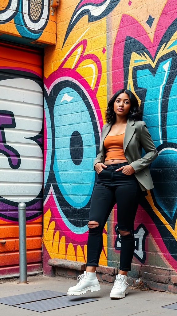 A woman in stylish urban attire posing against a colorful graffiti wall for her 30th birthday photoshoot.