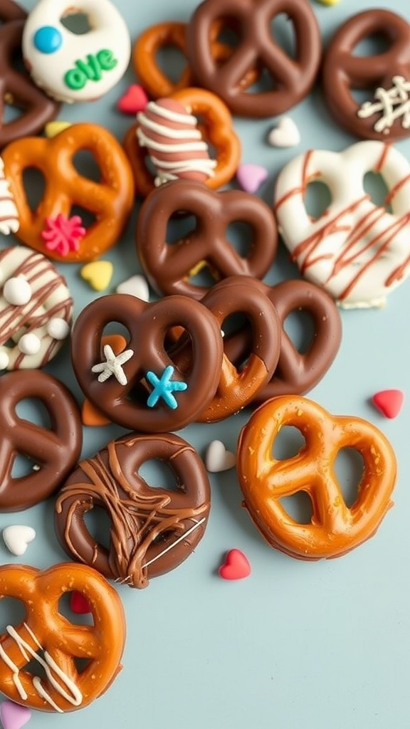 An assortment of pretzels covered in chocolate or yogurt, some decorated with colorful sprinkles and stripes, placed on a light blue surface with miniature heart-shaped candies scattered around.