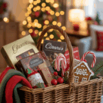 A wicker basket filled with holiday treats including candy canes, a gingerbread house, chocolates, and festive packages, with a cozy blanket draped over the side. In the background, a Christmas tree with twinkling lights is softly blurred, creating a warm and festive atmosphere indoors.