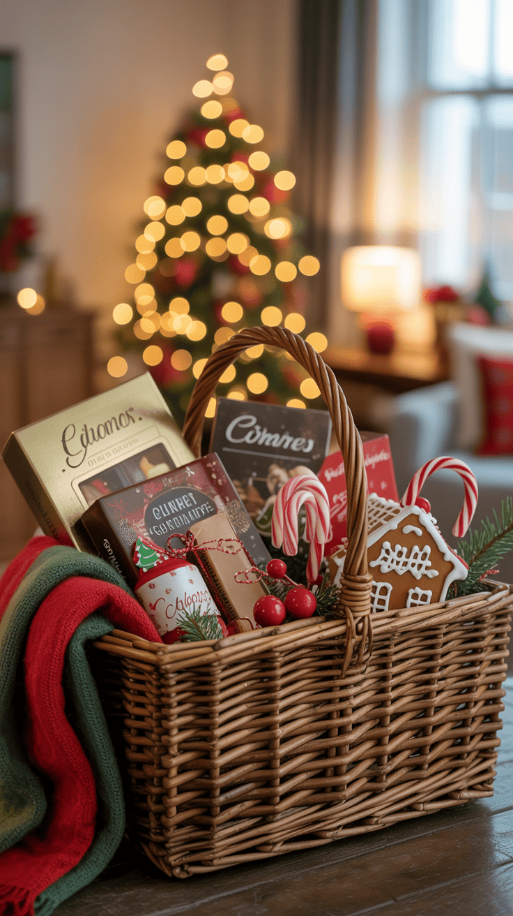 A wicker basket filled with holiday treats including candy canes, a gingerbread house, chocolates, and festive packages, with a cozy blanket draped over the side. In the background, a Christmas tree with twinkling lights is softly blurred, creating a warm and festive atmosphere indoors.