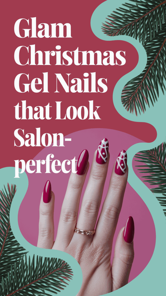 A hand with glossy red gel nails, featuring intricate white designs on two nails, set against a festive background with pine branches and text reading 'Glam Christmas Gel Nails that Look Salon-perfect.'