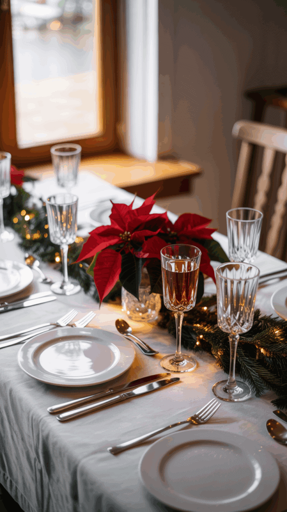 A festive dining table set with white plates, crystal glasses, and silver cutlery on a white tablecloth, decorated with red poinsettias and evergreen garlands with lights.