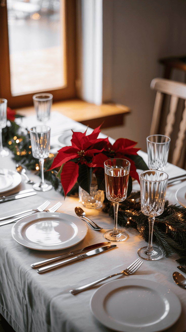 A festive dining table set with white plates, crystal glasses, and silver cutlery on a white tablecloth, decorated with red poinsettias and evergreen garlands with lights.