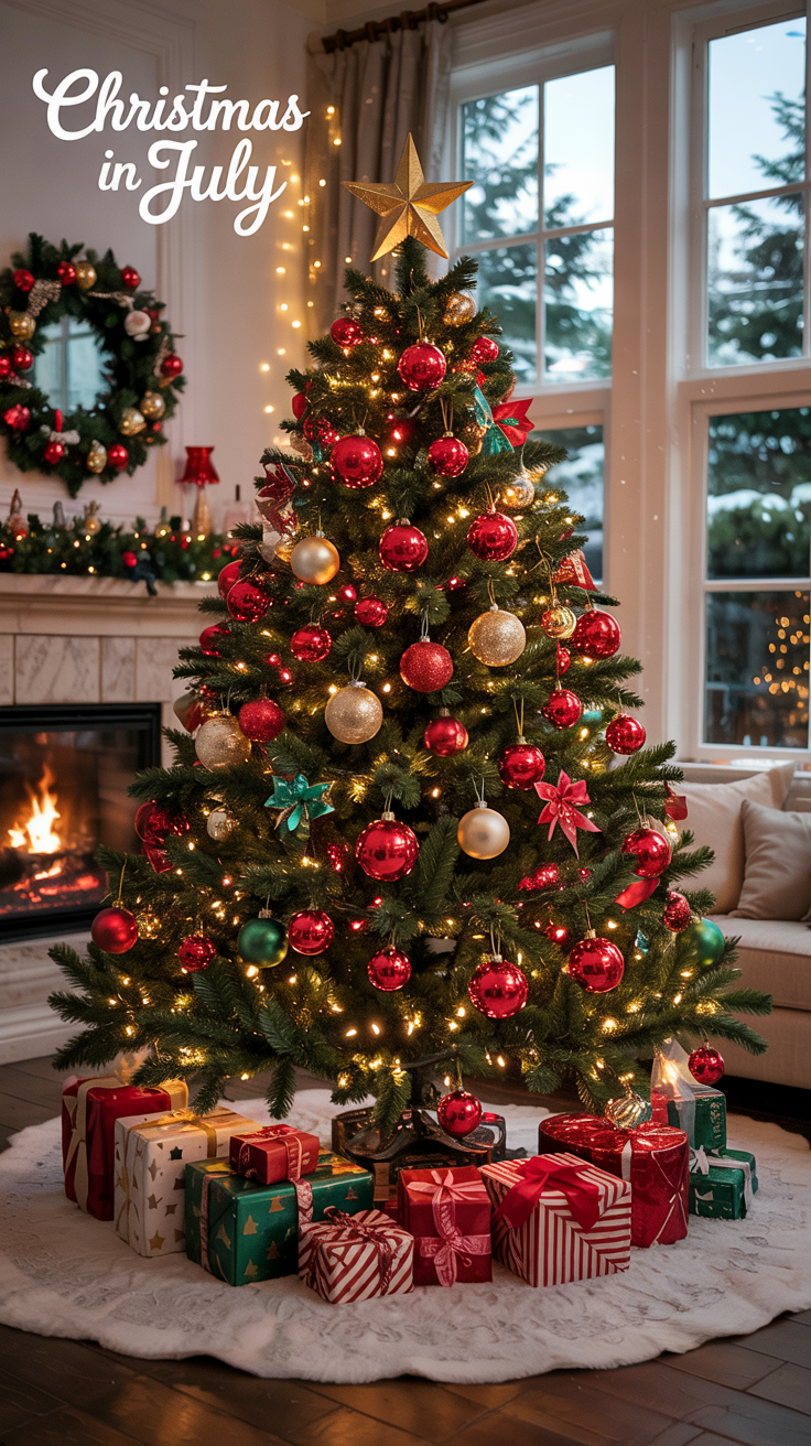A Christmas tree decorated with red, gold, and teal ornaments stands in a cozy living room, surrounded by wrapped presents. A fireplace with a lit fire and a wreath on the wall add to the festive atmosphere. The words 'Christmas in July' are displayed in decorative script at the top.