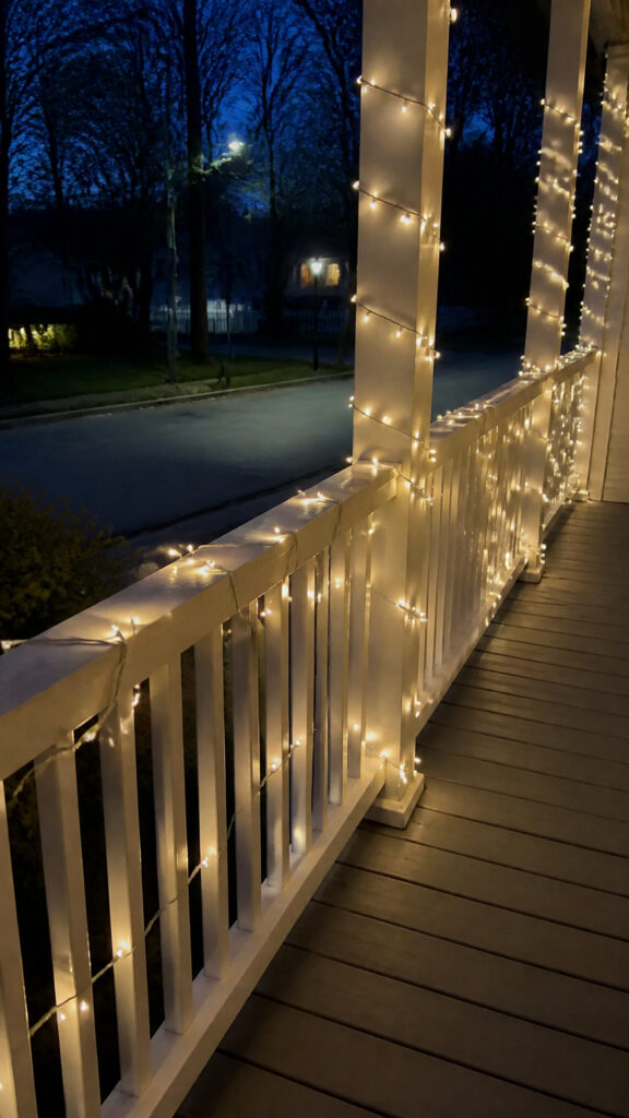 Classic White String Lights Wrapped Around Rails