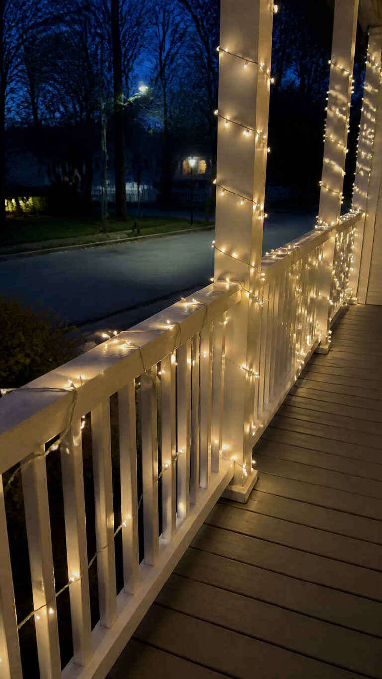 Classic White String Lights Wrapped Around Rails