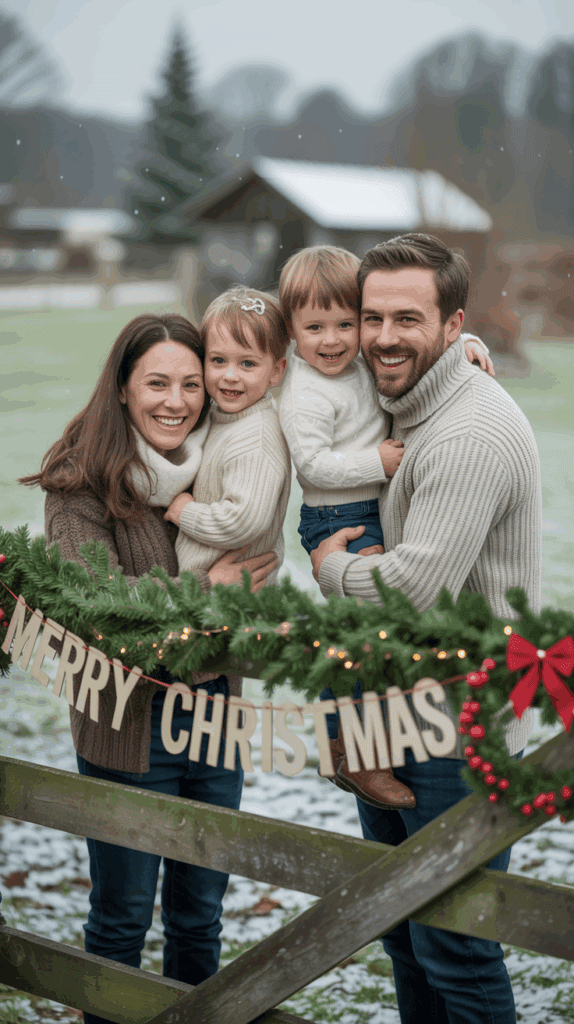 A smiling family of four stands behind a wooden gate decorated with a festive garland and a "Merry Christmas" sign. Snow lightly covers the ground, and snowflakes are falling. They are all wearing warm sweaters, and an evergreen tree and a house are faintly visible in the snowy background.