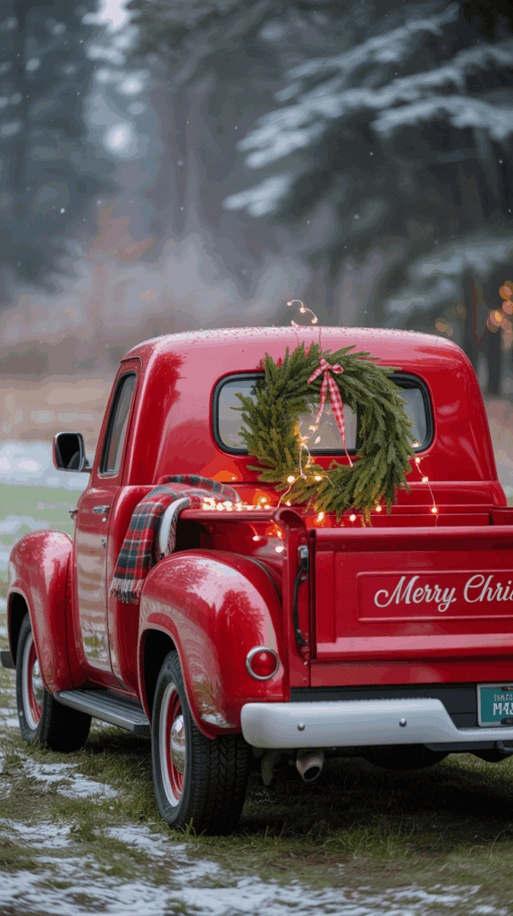 A vintage red pickup truck decorated for Christmas with a green wreath and string lights on the back. The truck's tailgate reads 'Merry Christmas', and a plaid blanket is draped over the side. The scene includes light snow on the ground and blurred trees in the background.