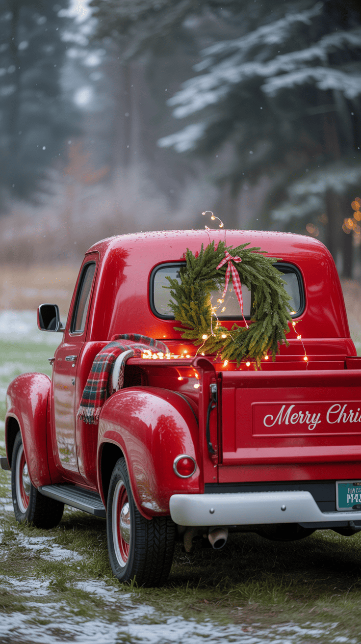 A vintage red pickup truck decorated for Christmas with a green wreath and string lights on the back. The truck's tailgate reads 'Merry Christmas', and a plaid blanket is draped over the side. The scene includes light snow on the ground and blurred trees in the background.