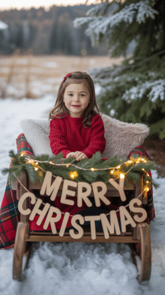 A young girl in a red sweater sits on a sleigh decorated with a "Merry Christmas" sign and string lights, surrounded by snow and pine trees.