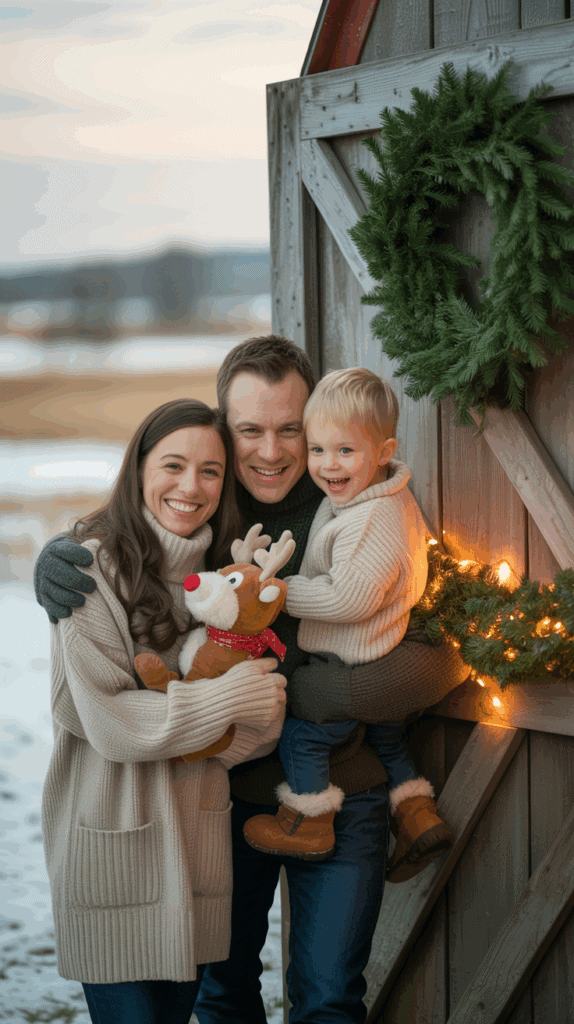 A family of three, wearing winter clothing, smiling together near a wooden structure decorated with a Christmas wreath and lights. The child is holding a plush reindeer toy.
