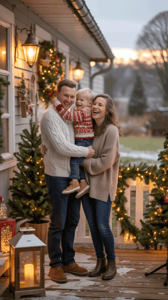 A smiling family stands on a decorated porch during the holidays, featuring festive garlands and a Christmas tree. The father holds a young child wearing a red sweater, while the mother embraces them. Warm lighting from lanterns enhances the cozy atmosphere.
