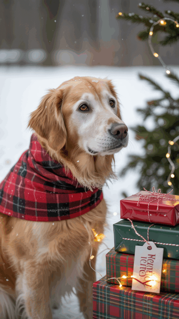 A golden retriever wearing a red plaid scarf sits in the snow next to a stack of wrapped Christmas gifts, adorned with string lights, next to a decorated tree.