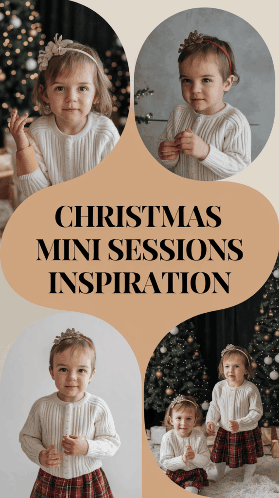 Collage with four photos of two young children wearing white sweaters and red plaid skirts, posing in front of Christmas trees; text reads 'Christmas Mini Sessions Inspiration.'