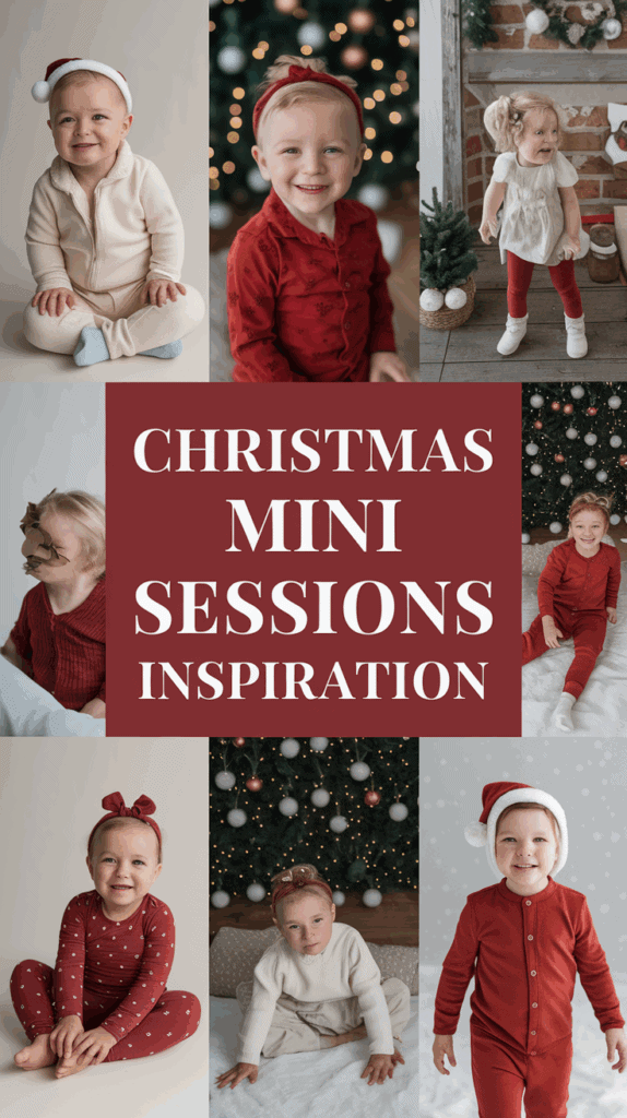 A collage of young children in Christmas-themed outfits, posing against festive backdrops with Christmas trees and decorations. The central text reads "Christmas Mini Sessions Inspiration" on a red background.