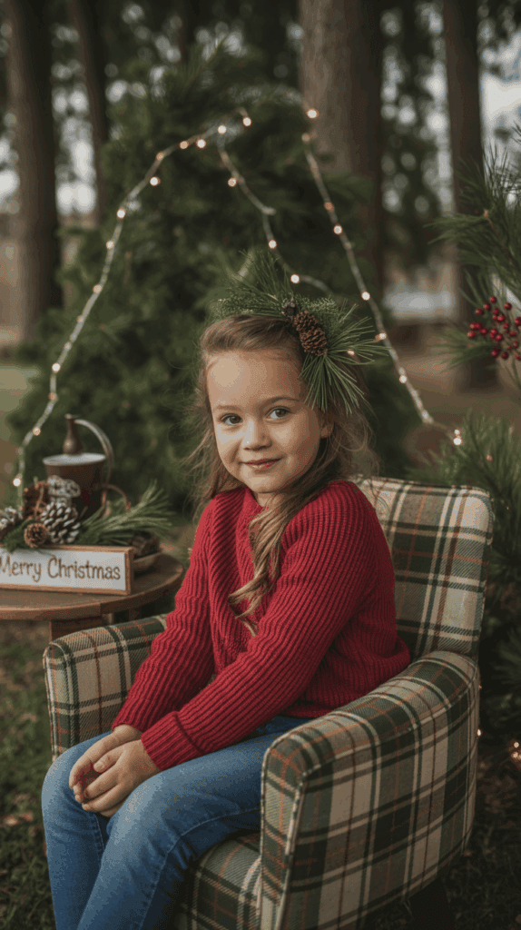 A young girl in a red sweater and blue jeans sits on a plaid chair outdoors, adorned with a pine cone and greenery headpiece. Behind her, there are festive Christmas decorations including a sign reading 'Merry Christmas,' a small tree with fairy lights, and pine branches with decorative elements.