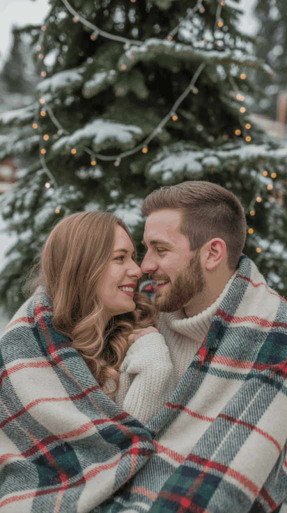 A couple wearing cozy sweaters snuggled together under a plaid blanket in front of a snow-covered Christmas tree with lights.