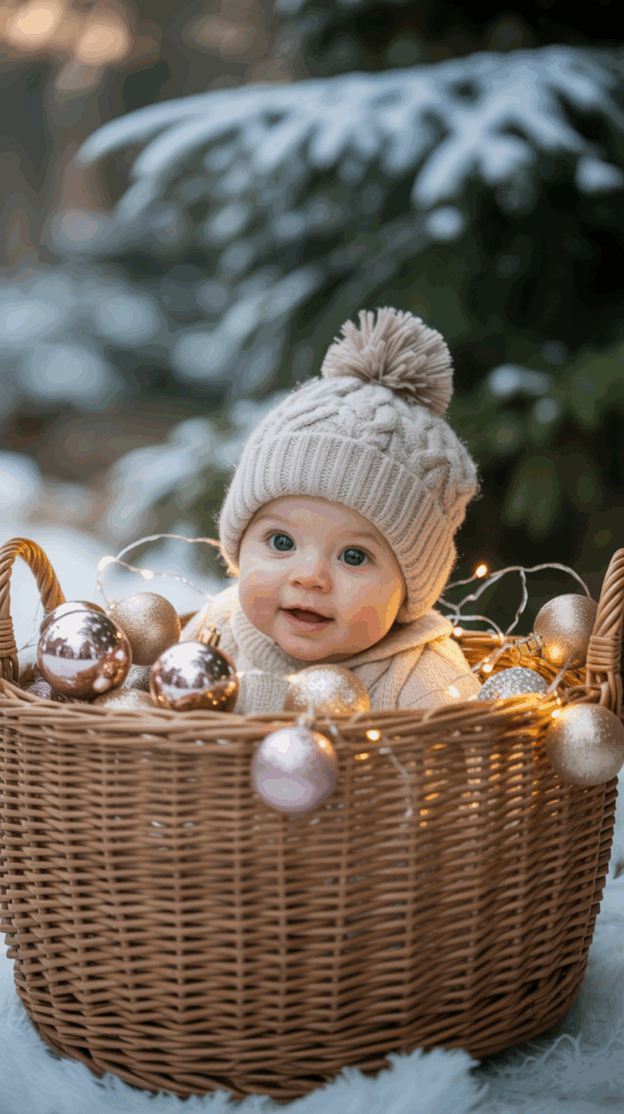 A baby wearing a knitted hat sits in a wicker basket decorated with gold and pink Christmas baubles and string lights, set outdoors with snow and a tree in the background.