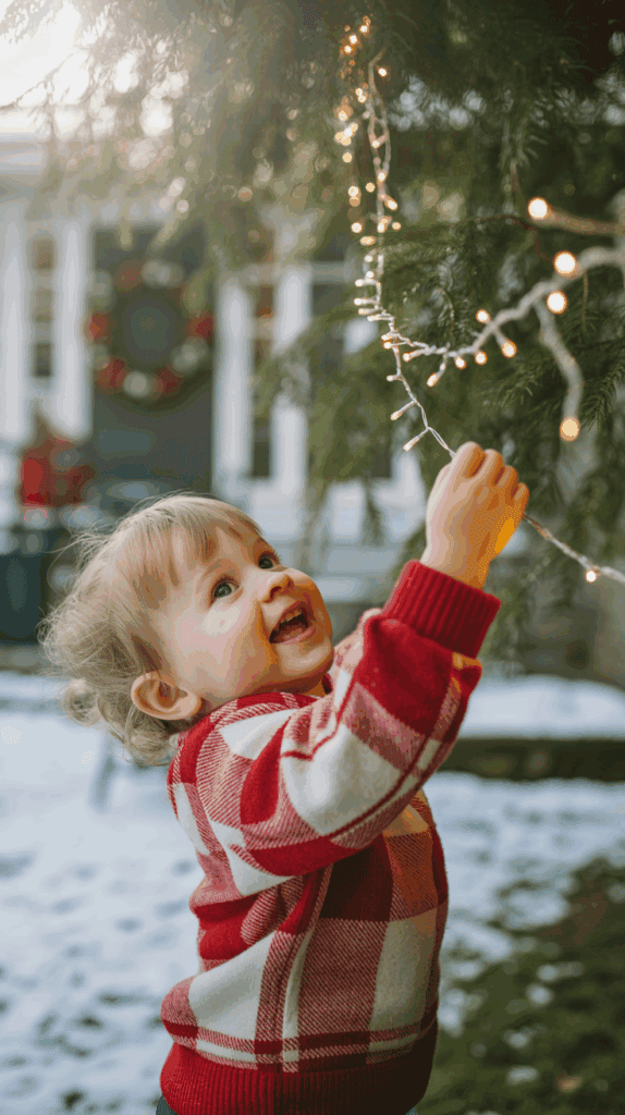 A young child wearing a red and white checkered sweater, smiling and reaching for string lights hanging from a tree, with a snowy background.