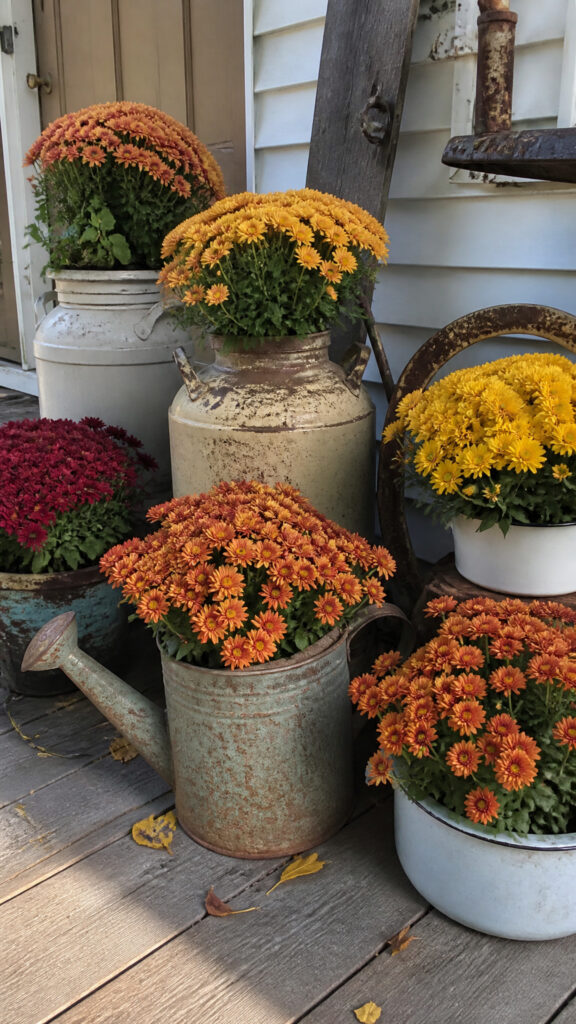 Mums in Vintage Containers