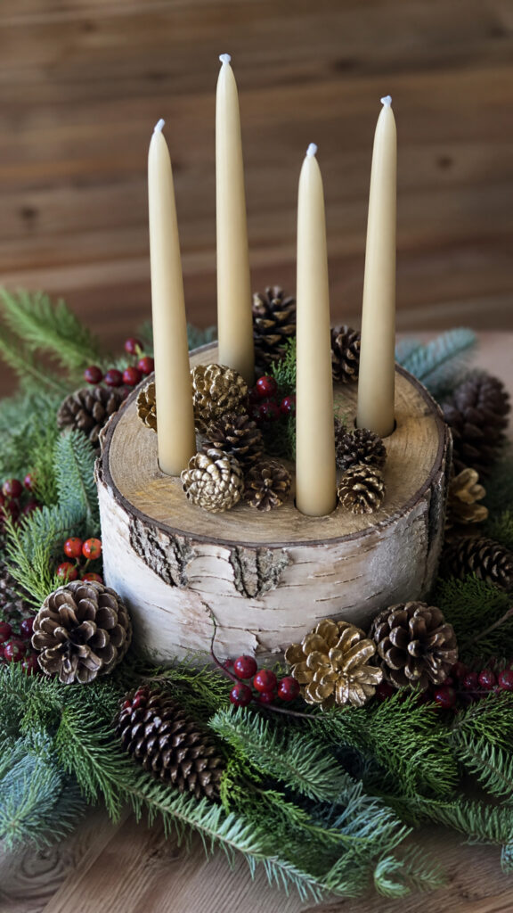 Pinecone and Birch Log Centerpiece