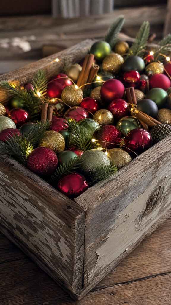 Rustic Wooden Box with Ornaments