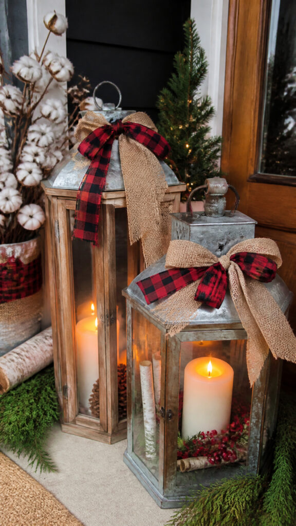 Rustic Farmhouse Lanterns with Plaid and Burlap